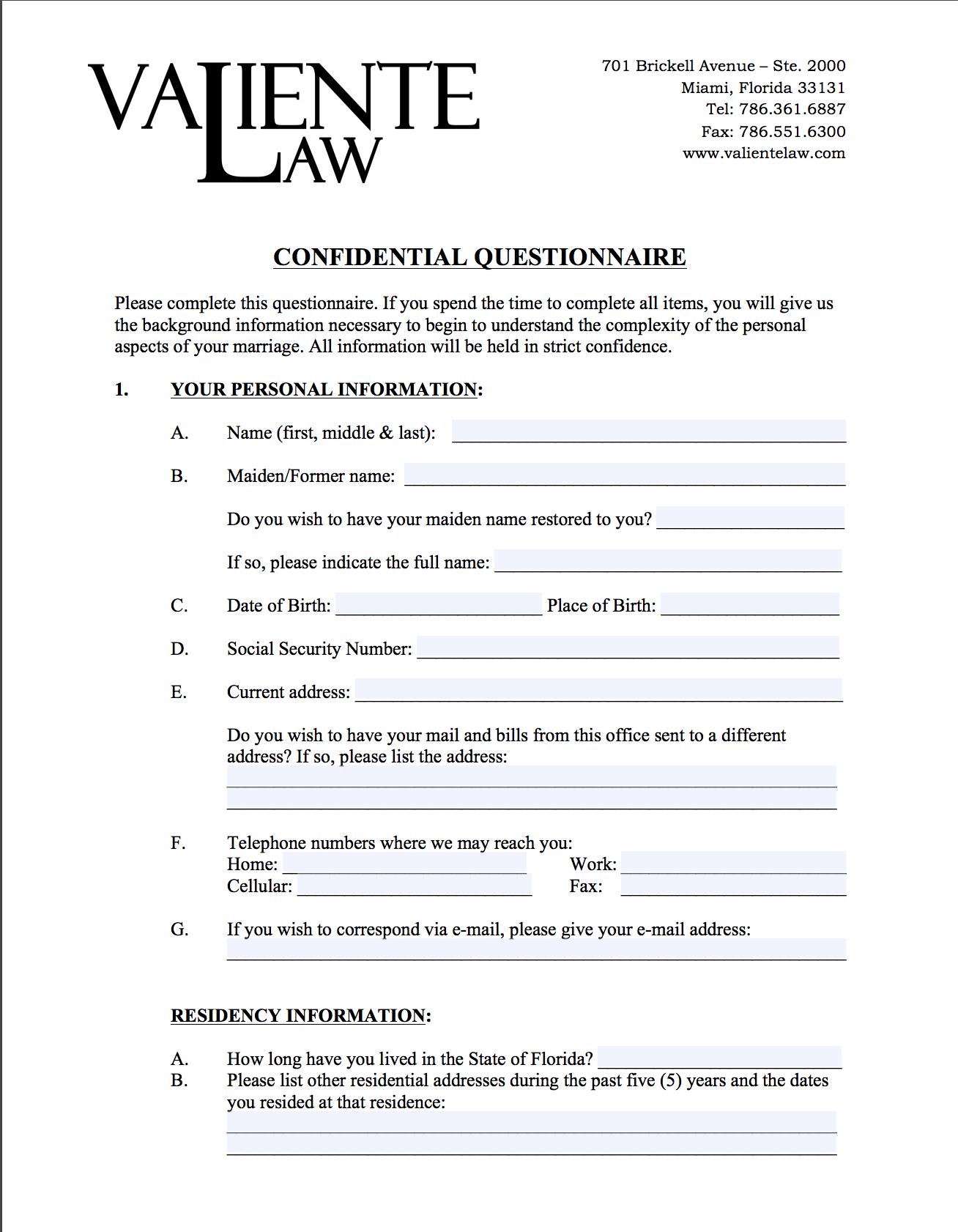 Confidential Divorce Questionnaire