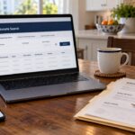 Illustrative inmate-search screen with booking and bond paperwork on a table.