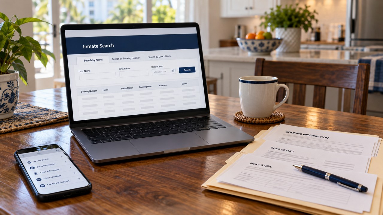 Illustrative inmate-search screen with booking and bond paperwork on a table.