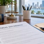 Illustrative pretrial diversion checklist, calendar and case folder on an office desk.