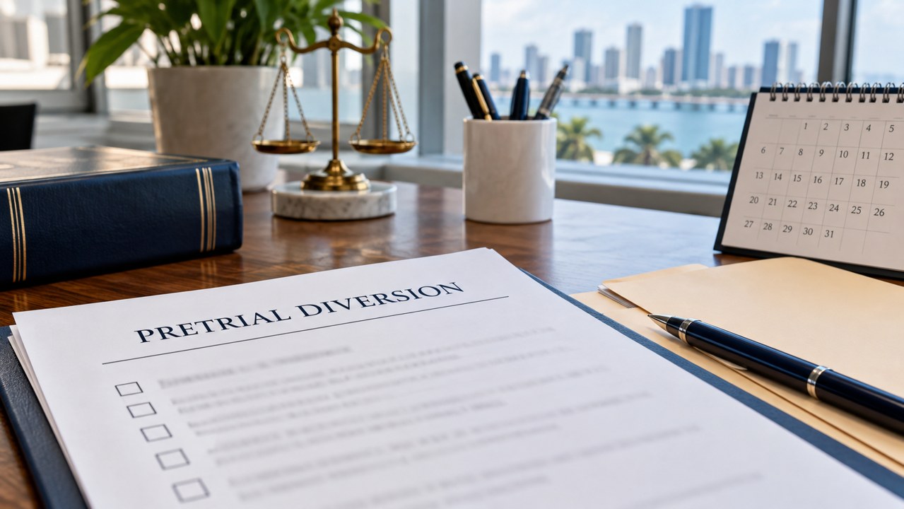Illustrative pretrial diversion checklist, calendar and case folder on an office desk.
