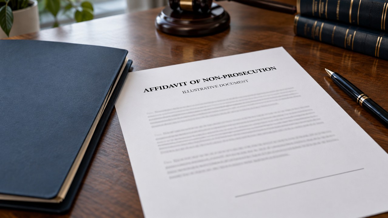 Unsigned illustrative affidavit of non-prosecution beside a folder and pen.