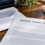 Illustrative federal target letter beside an opened envelope.