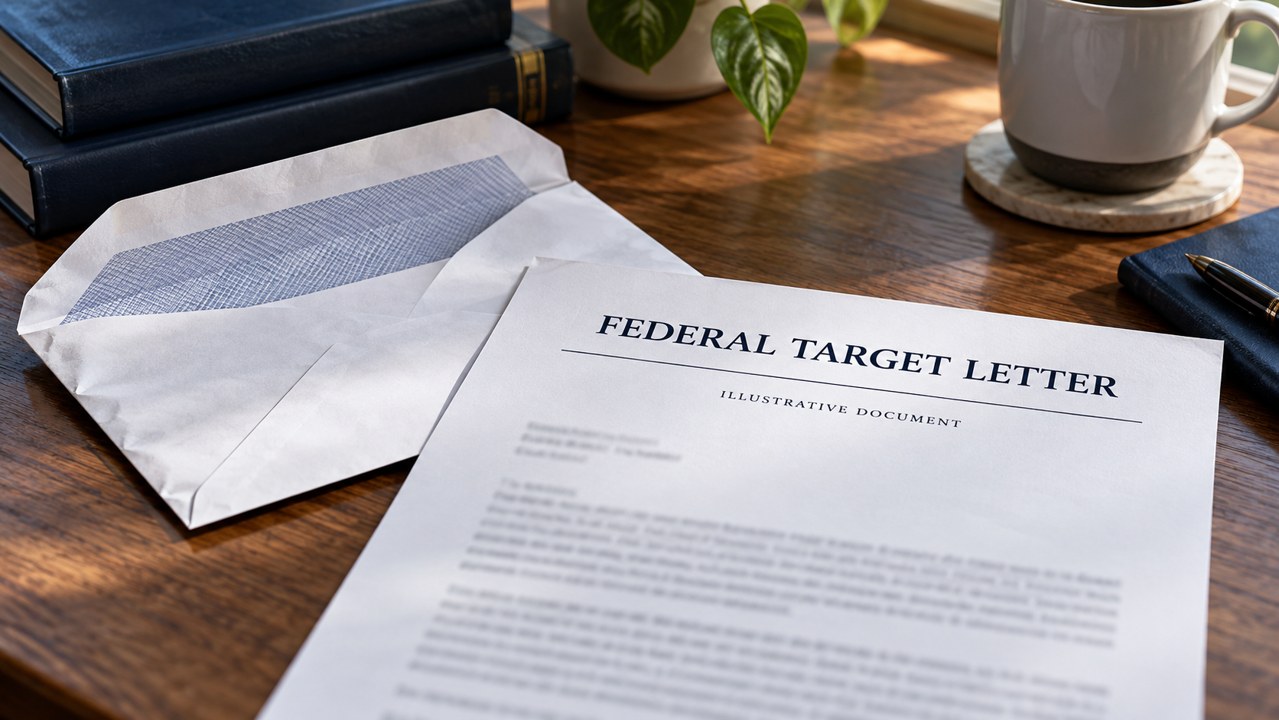 Illustrative federal target letter beside an opened envelope.