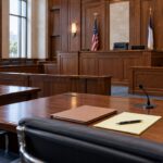 Illustrative empty courtroom viewed from a counsel table toward the judge’s bench.