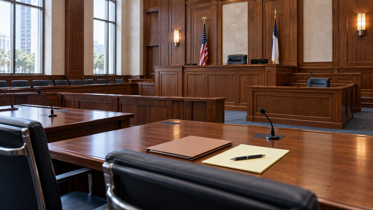 Illustrative empty courtroom viewed from a counsel table toward the judge’s bench.