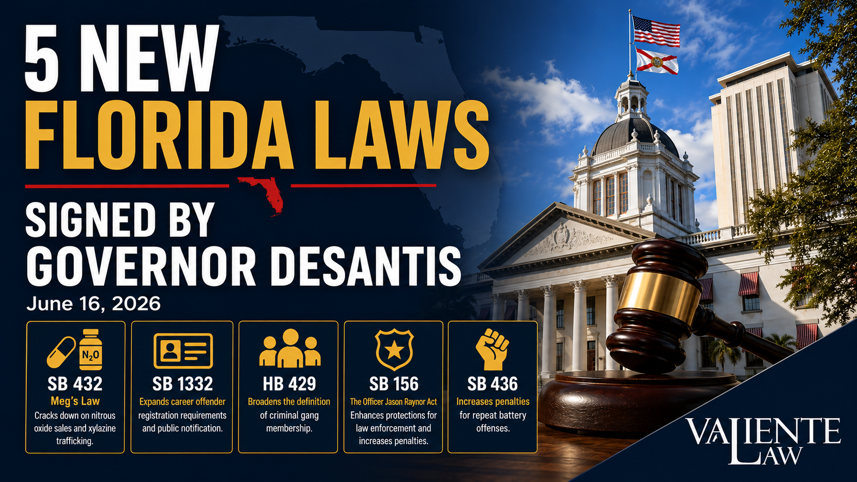 Graphic showing five new Florida laws signed by Governor Ron DeSantis in June 2026, including SB 432, SB 1332, HB 429, SB 156, and SB 436.