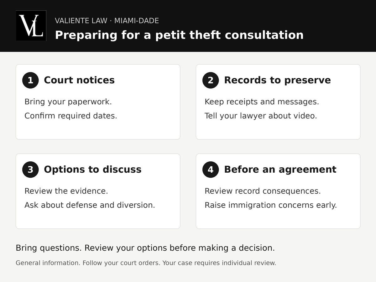 Four consultation topics: court notices, records to preserve, defense and diversion options, and consequences to review before an agreement.