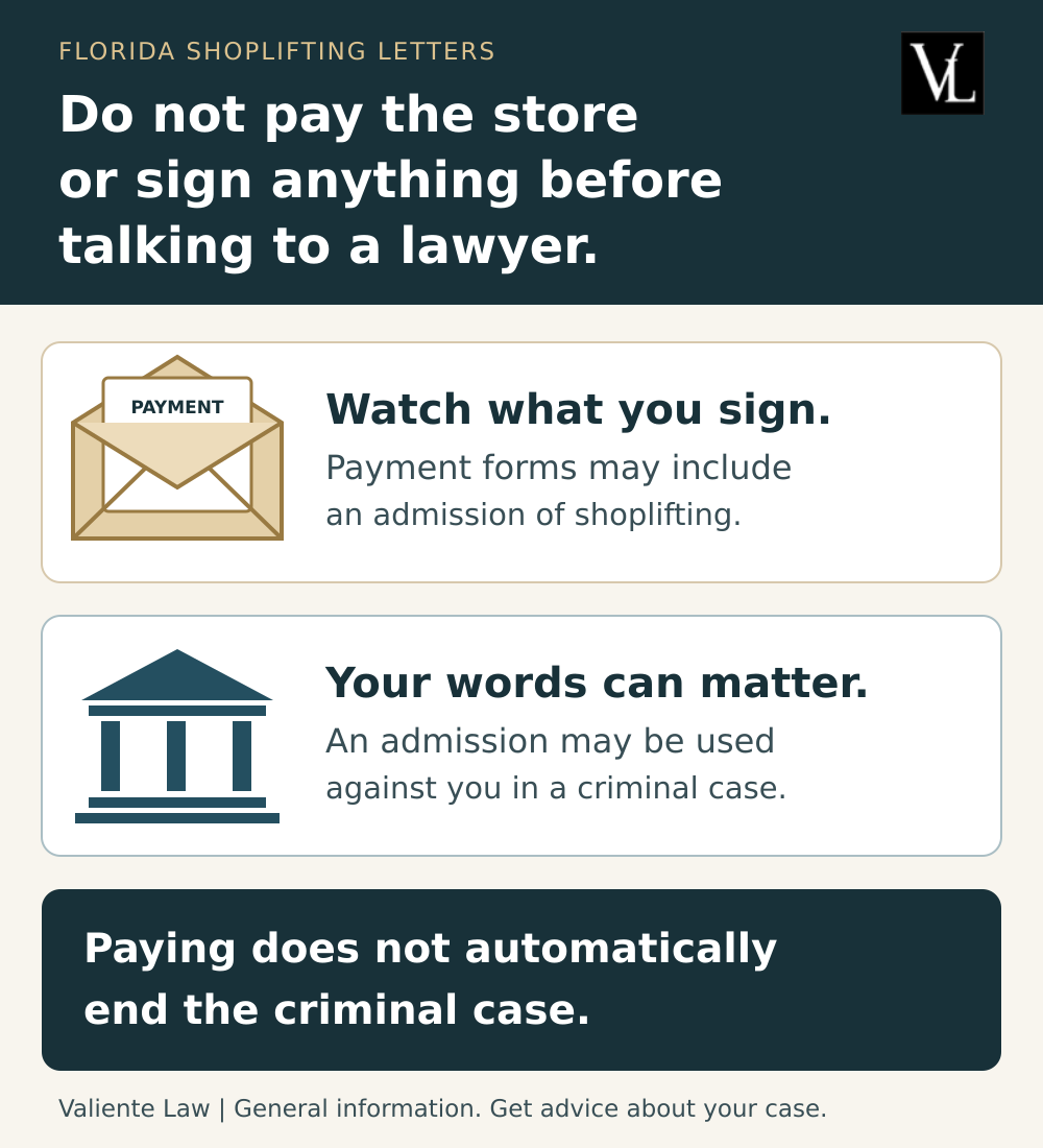 Talk to a lawyer before paying the store or signing. Payment paperwork may include an admission of shoplifting that could be used in the criminal case.