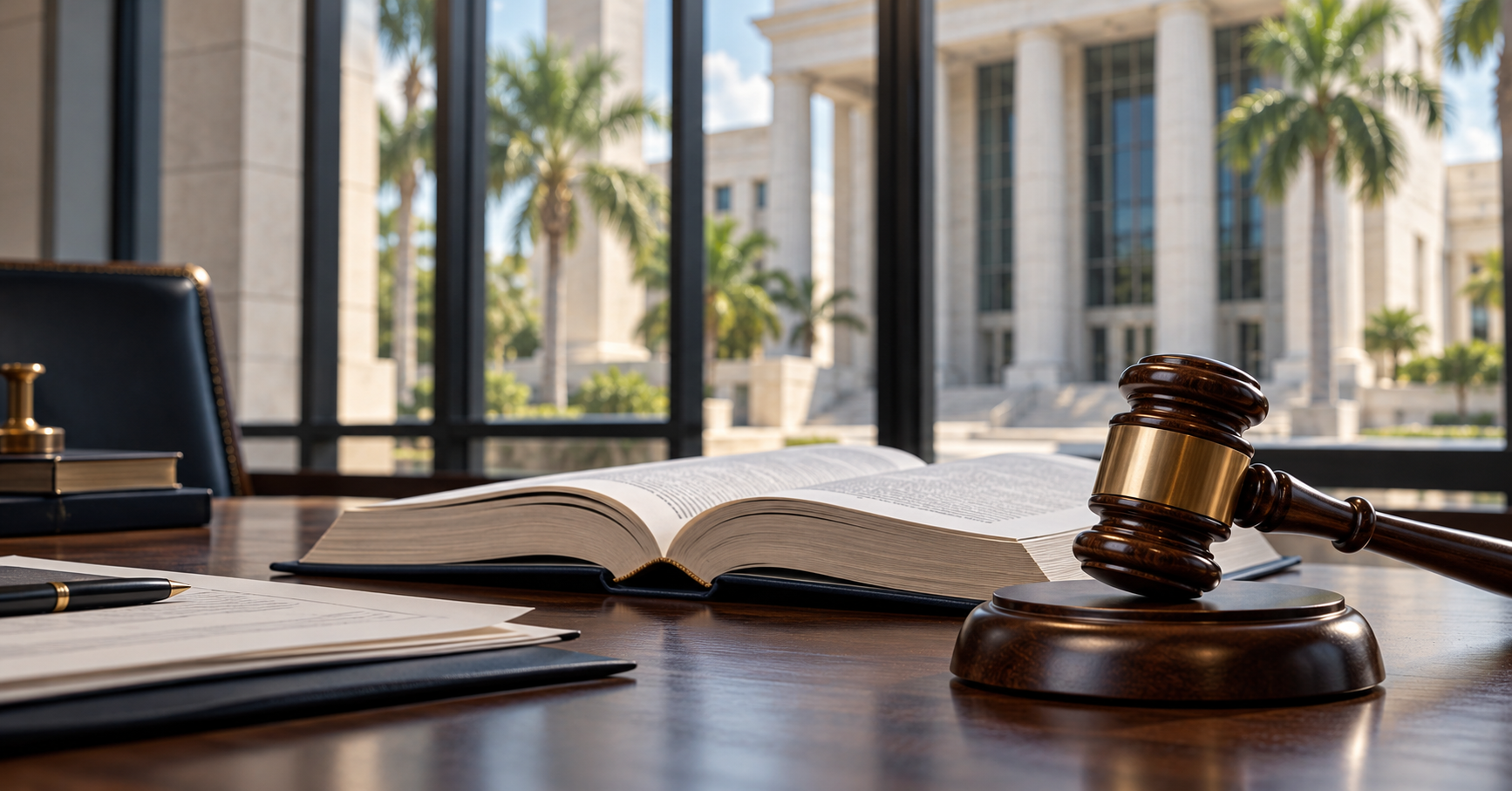 Judge's gavel beside an open legal reference book, with a courthouse-style building and South Florida palms in the background.